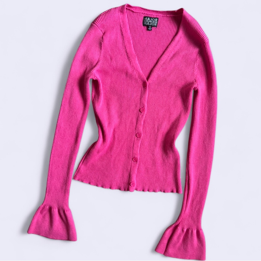 Bright Pink Ribbed Button Up Cardigan Ruffle Cuff Rayon Blend M Major Label